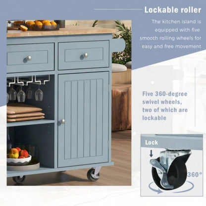 Kitchen Island with Power Outlet, Kitchen Storage Island with Drop Leaf and Rubber Wood, Open Storage and Wine Rack, 5 Wheels, with Adjustable Storage Home, Kitchen, and Dining Room, Blue