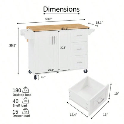 Kitchen Island with Drop Leaf Countertop, Rolling Kitchen Island Cart, Barn Door Kitchen Island Table with Storage Cabinet and Tower Rack, Island Table On Wheels Kitchen, White
