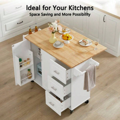 Kitchen Island with Drop Leaf Countertop, Rolling Kitchen Island Cart, Barn Door Kitchen Island Table with Storage Cabinet and Tower Rack, Island Table On Wheels Kitchen, White