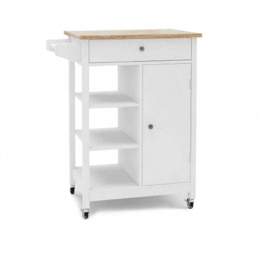 Kitchen island rolling trolley cart with Adjustable Shelves and towel rack rubber wood table top