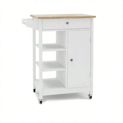 Kitchen island rolling trolley cart with Adjustable Shelves and towel rack rubber wood table top