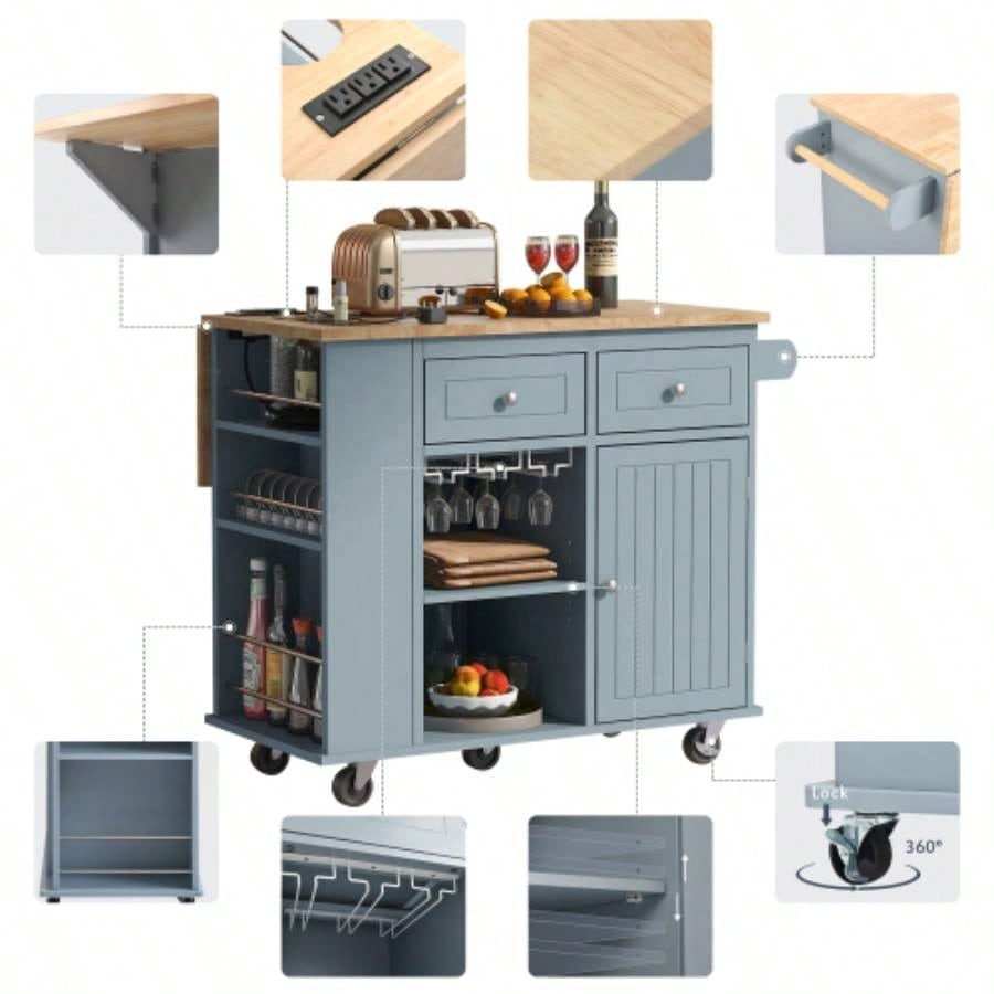Kitchen Island with Power Outlet, Kitchen Storage Island with Drop Leaf and Rubber Wood, Open Storage and Wine Rack, 5 Wheels, with Adjustable Storage Home, Kitchen, and Dining Room, Blue