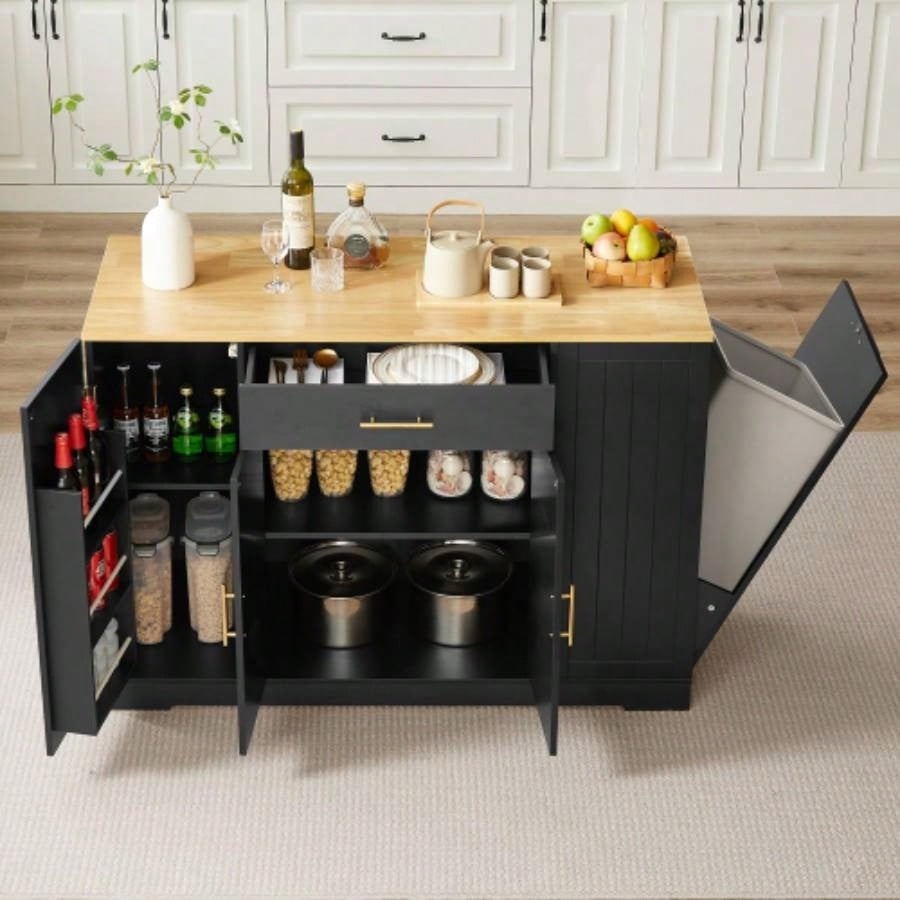 53 Kitchen Storage Islands with Drawers and Trash Can Storage Kitchen Dining. Modern Farmhouse Design, Black, 53.2x 20.9Dx 38.0H.