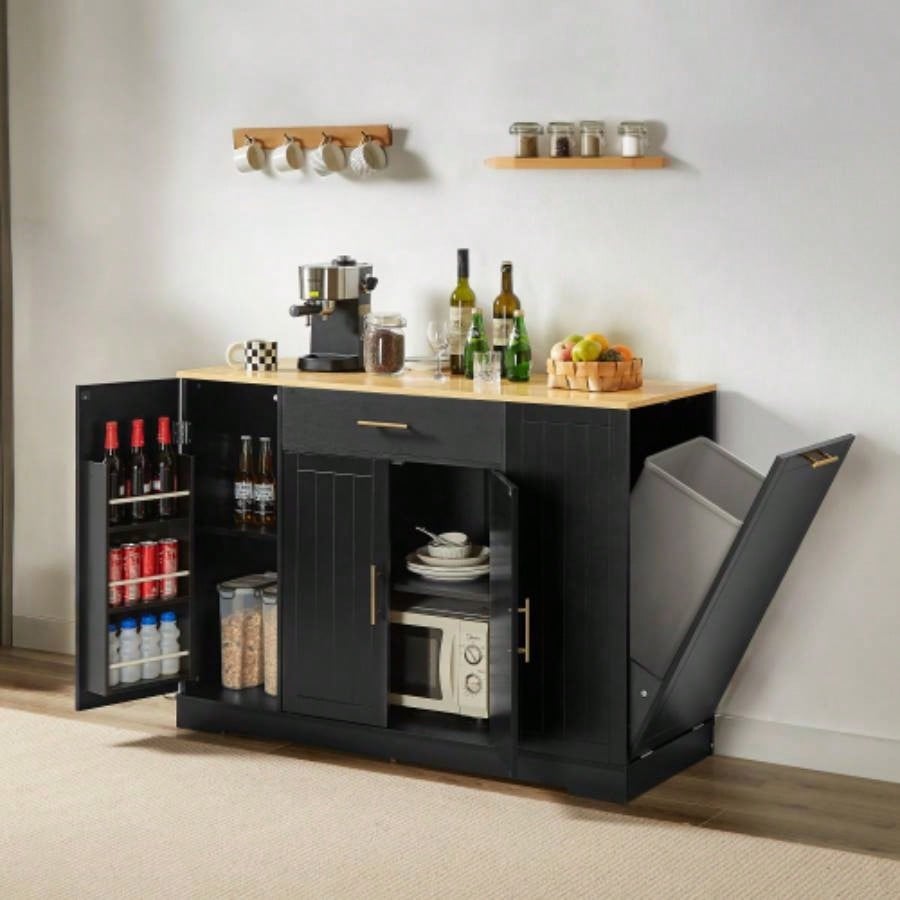 53 Kitchen Storage Islands with Drawers and Trash Can Storage Kitchen Dining. Modern Farmhouse Design, Black, 53.2x 20.9Dx 38.0H.