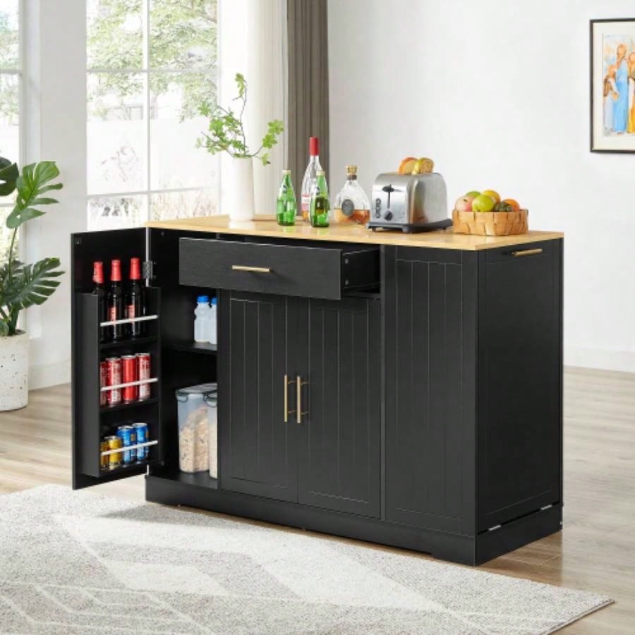 53 Kitchen Storage Islands with Drawers and Trash Can Storage Kitchen Dining. Modern Farmhouse Design, Black, 53.2x 20.9Dx 38.0H.
