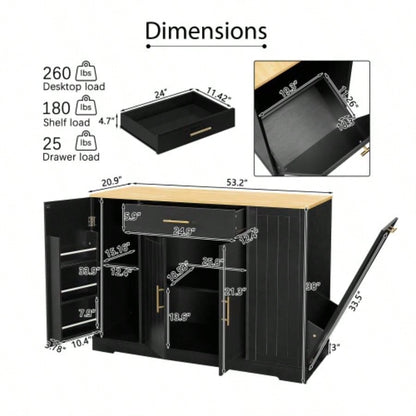 53 Kitchen Storage Islands with Drawers and Trash Can Storage Kitchen Dining. Modern Farmhouse Design, Black, 53.2x 20.9Dx 38.0H.