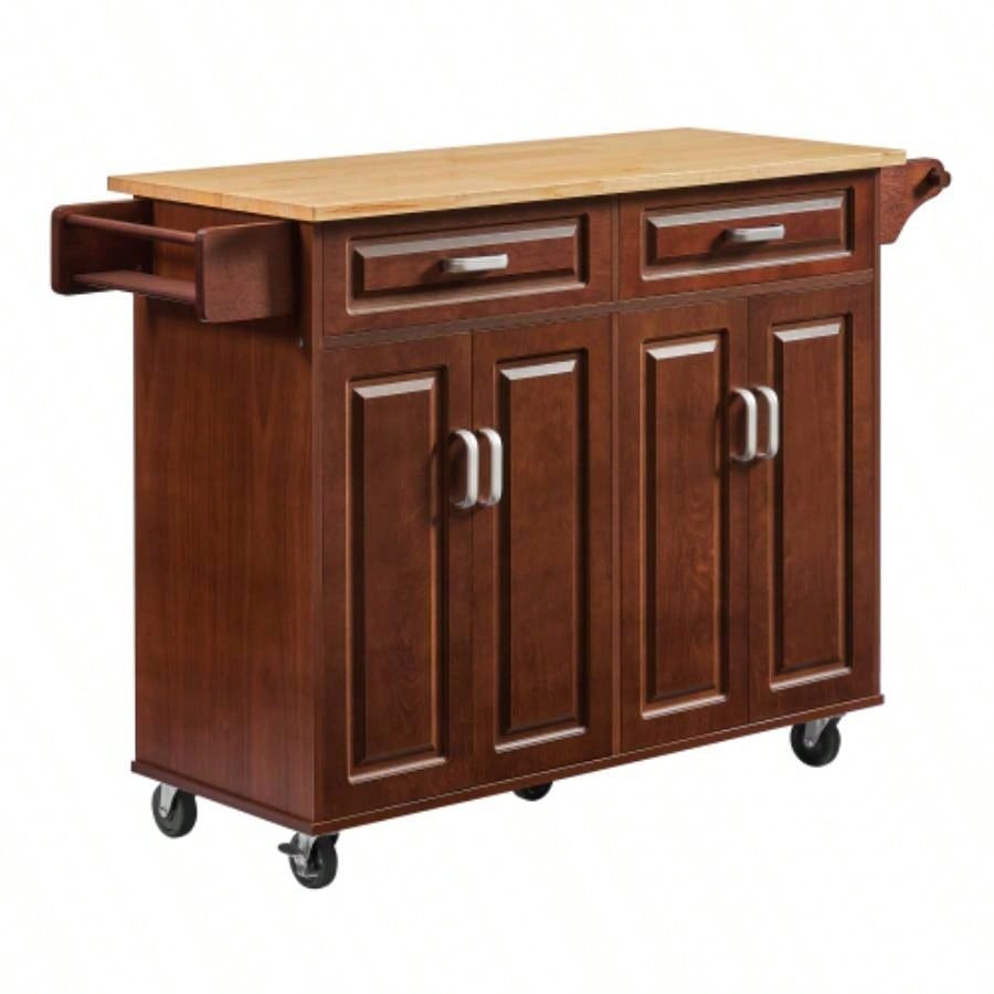 54 Portable Kitchen Island Cart on Wheels Wood Storage Cabinet with 2 Drawers, Spice Rack Towel Rack, Walnut 53.78x 18.11Dx 35.47H.