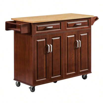 54 Portable Kitchen Island Cart on Wheels Wood Storage Cabinet with 2 Drawers, Spice Rack Towel Rack, Walnut 53.78x 18.11Dx 35.47H.