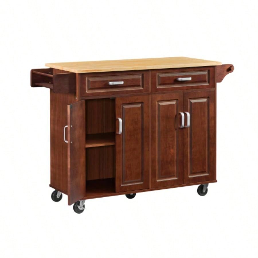 54 Portable Kitchen Island Cart on Wheels Wood Storage Cabinet with 2 Drawers, Spice Rack Towel Rack, Walnut 53.78x 18.11Dx 35.47H.