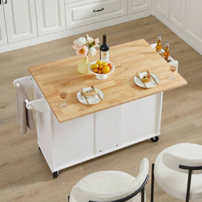 Kitchen Island with Drop Leaf Countertop, Rolling Kitchen Island Cart, Barn Door Kitchen Island Table with Storage Cabinet and Tower Rack, Island Table On Wheels Kitchen, White