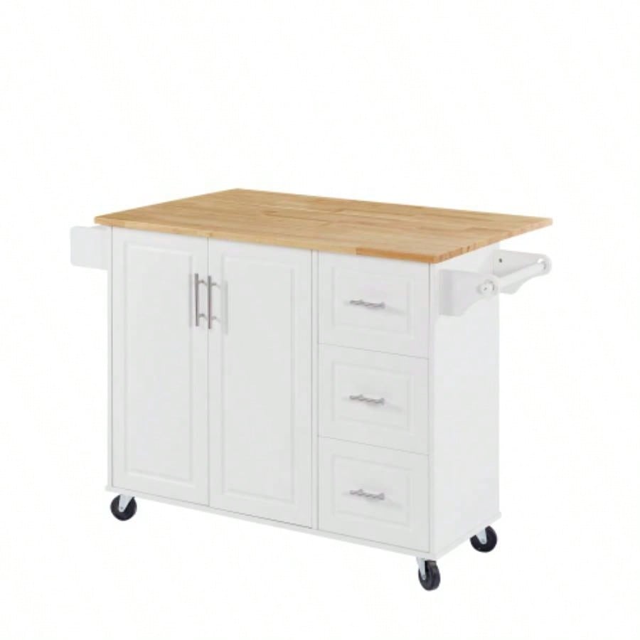 Kitchen Island with Drop Leaf Countertop, Rolling Kitchen Island Cart, Barn Door Kitchen Island Table with Storage Cabinet and Tower Rack, Island Table On Wheels Kitchen, White