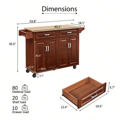 54 Portable Kitchen Island Cart on Wheels Wood Storage Cabinet with 2 Drawers, Spice Rack Towel Rack, Walnut 53.78x 18.11Dx 35.47H.