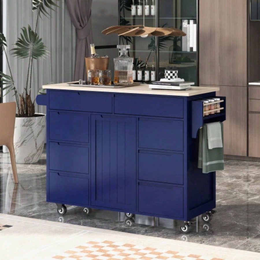 KK Store Kitchen Cart with Rubber Wood Countertop, Kitchen Island has 8 Handle - Drawers Including a Flatware Organizer and 5 Wheels Kitchen Dinning Room, Dark Blue
