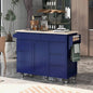 KK Store Kitchen Cart with Rubber Wood Countertop, Kitchen Island has 8 Handle - Drawers Including a Flatware Organizer and 5 Wheels Kitchen Dinning Room, Dark Blue