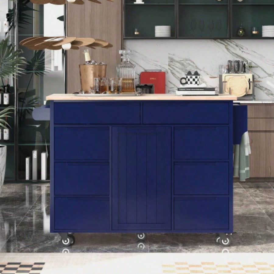 KK Store Kitchen Cart with Rubber Wood Countertop, Kitchen Island has 8 Handle - Drawers Including a Flatware Organizer and 5 Wheels Kitchen Dinning Room, Dark Blue