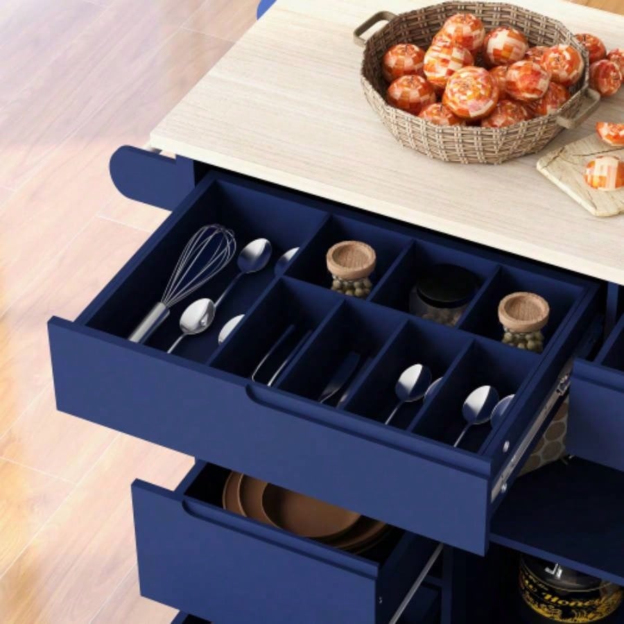KK Store Kitchen Cart with Rubber Wood Countertop, Kitchen Island has 8 Handle - Drawers Including a Flatware Organizer and 5 Wheels Kitchen Dinning Room, Dark Blue