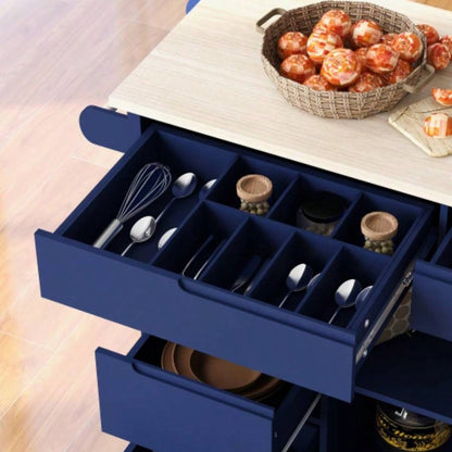 KK Store Kitchen Cart with Rubber Wood Countertop, Kitchen Island has 8 Handle - Drawers Including a Flatware Organizer and 5 Wheels Kitchen Dinning Room, Dark Blue