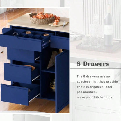 KK Store Kitchen Cart with Rubber Wood Countertop, Kitchen Island has 8 Handle - Drawers Including a Flatware Organizer and 5 Wheels Kitchen Dinning Room, Dark Blue