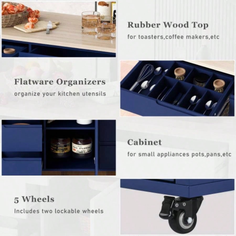 KK Store Kitchen Cart with Rubber Wood Countertop, Kitchen Island has 8 Handle - Drawers Including a Flatware Organizer and 5 Wheels Kitchen Dinning Room, Dark Blue