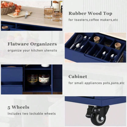 KK Store Kitchen Cart with Rubber Wood Countertop, Kitchen Island has 8 Handle - Drawers Including a Flatware Organizer and 5 Wheels Kitchen Dinning Room, Dark Blue
