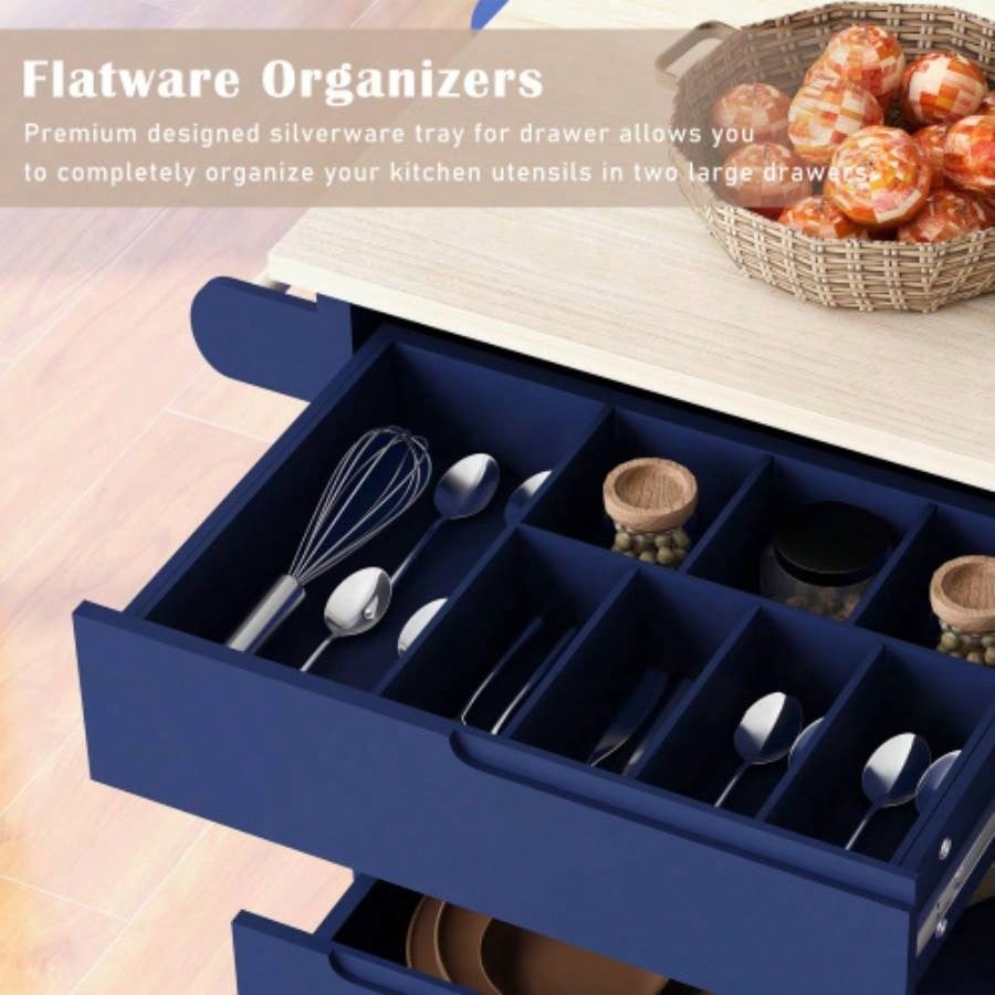 KK Store Kitchen Cart with Rubber Wood Countertop, Kitchen Island has 8 Handle - Drawers Including a Flatware Organizer and 5 Wheels Kitchen Dinning Room, Dark Blue