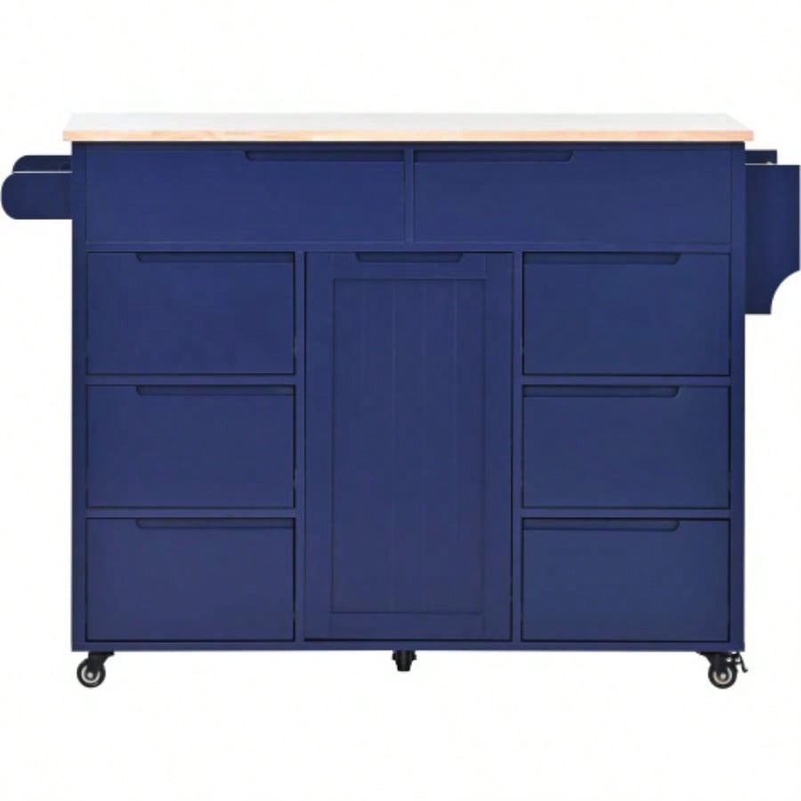 KK Store Kitchen Cart with Rubber Wood Countertop, Kitchen Island has 8 Handle - Drawers Including a Flatware Organizer and 5 Wheels Kitchen Dinning Room, Dark Blue