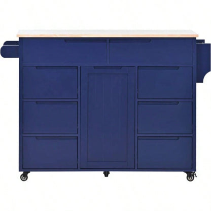 KK Store Kitchen Cart with Rubber Wood Countertop, Kitchen Island has 8 Handle - Drawers Including a Flatware Organizer and 5 Wheels Kitchen Dinning Room, Dark Blue