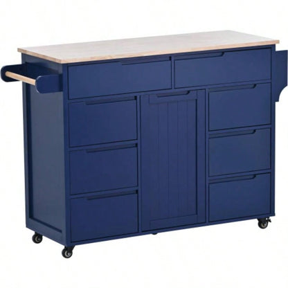 KK Store Kitchen Cart with Rubber Wood Countertop, Kitchen Island has 8 Handle - Drawers Including a Flatware Organizer and 5 Wheels Kitchen Dinning Room, Dark Blue