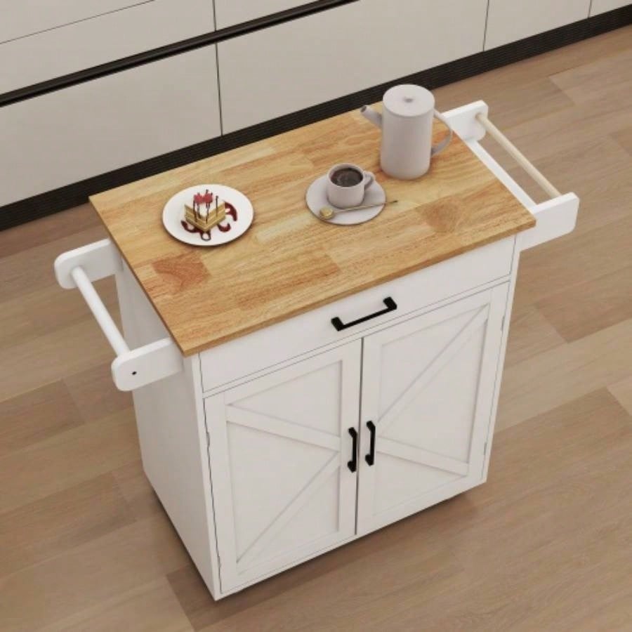Kitchen island rolling trolley cart with Adjustable Shelves towel rack seasoning rack rubber wood table top - White