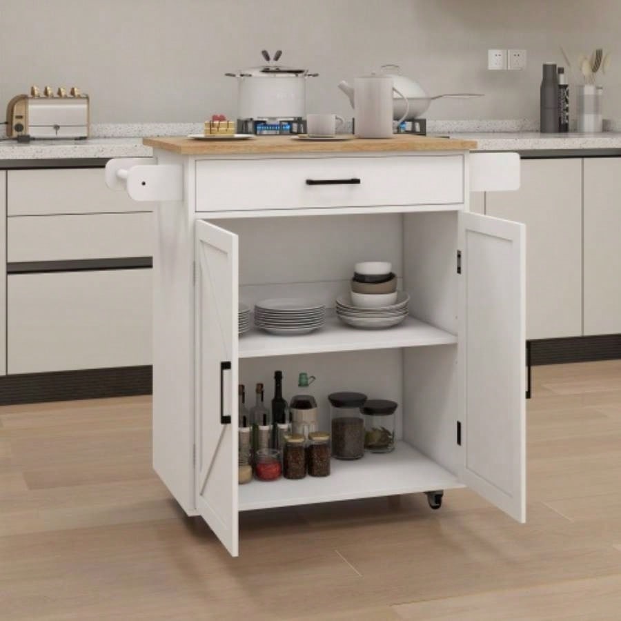 Kitchen island rolling trolley cart with Adjustable Shelves towel rack seasoning rack rubber wood table top - White
