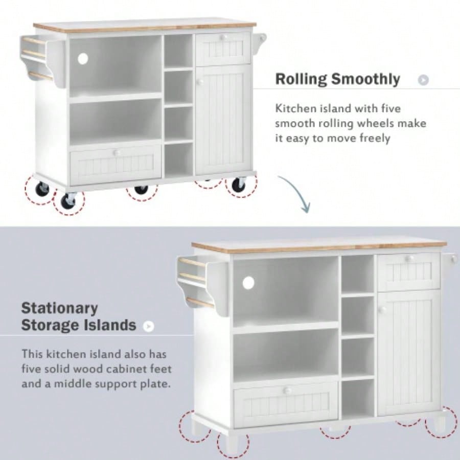 Kitchen Island Cart with Storage Cabinet and Two Locking Wheels, Solid wood desktop, Microwave cabinet, Floor Standing Buffet Server Sideboard Kitchen Room, Dining Room, BathroomWhite