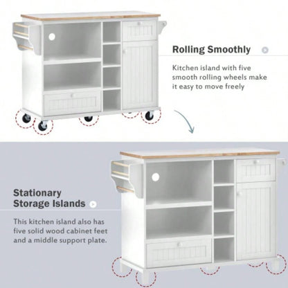 Kitchen Island Cart with Storage Cabinet and Two Locking Wheels, Solid wood desktop, Microwave cabinet, Floor Standing Buffet Server Sideboard Kitchen Room, Dining Room, BathroomWhite