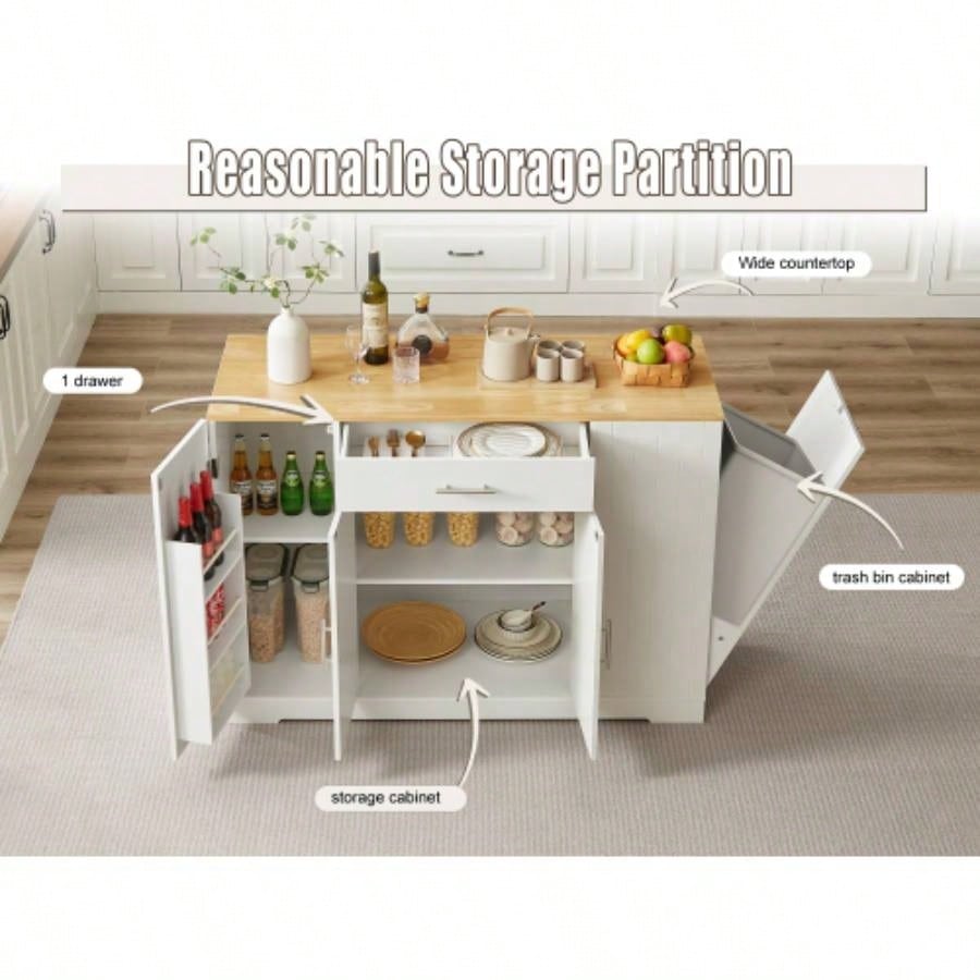 53 Kitchen Storage Islands with Drawers and Trash Can Storage Kitchen Dining. Modern Farmhouse Design, White, 53.2x 20.9Dx 38.0H.