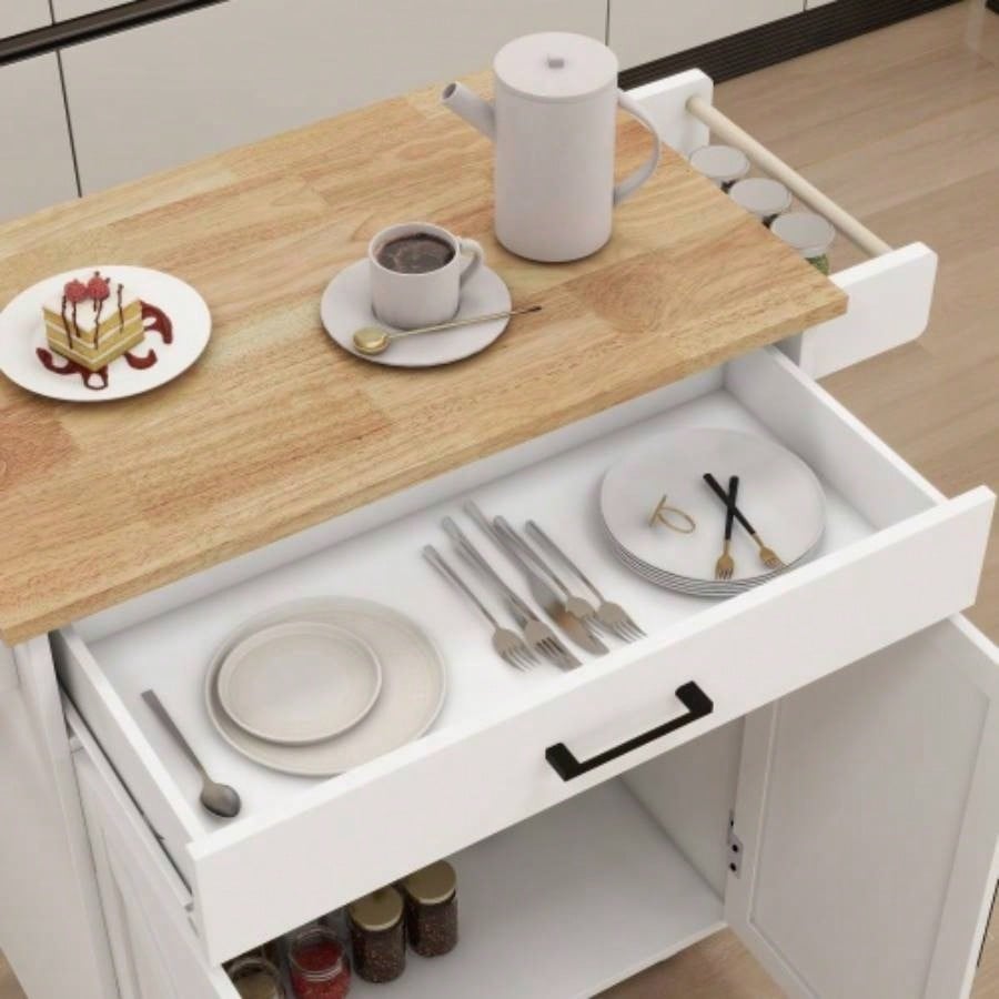 Kitchen island rolling trolley cart with Adjustable Shelves towel rack seasoning rack rubber wood table top - White