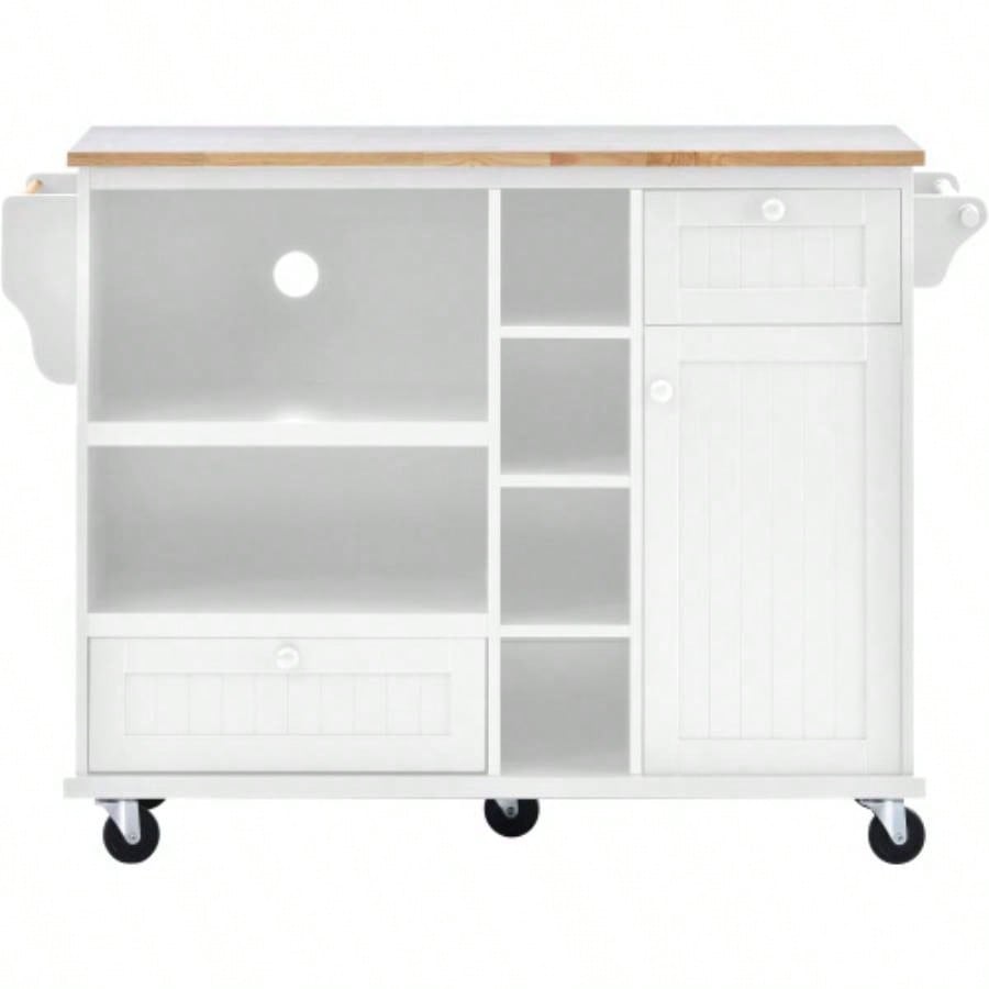 Kitchen Island Cart with Storage Cabinet and Two Locking Wheels, Solid wood desktop, Microwave cabinet, Floor Standing Buffet Server Sideboard Kitchen Room, Dining Room, BathroomWhite