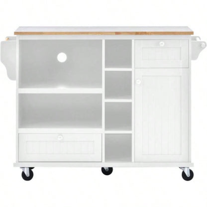 Kitchen Island Cart with Storage Cabinet and Two Locking Wheels, Solid wood desktop, Microwave cabinet, Floor Standing Buffet Server Sideboard Kitchen Room, Dining Room, BathroomWhite