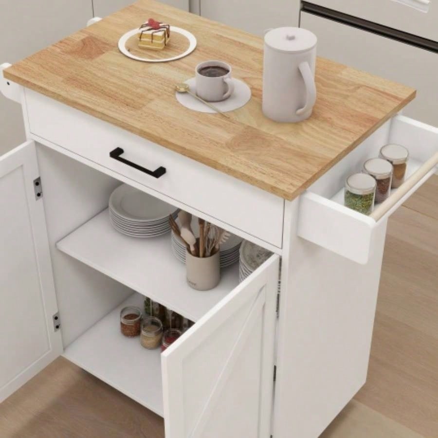 Kitchen island rolling trolley cart with Adjustable Shelves towel rack seasoning rack rubber wood table top - White