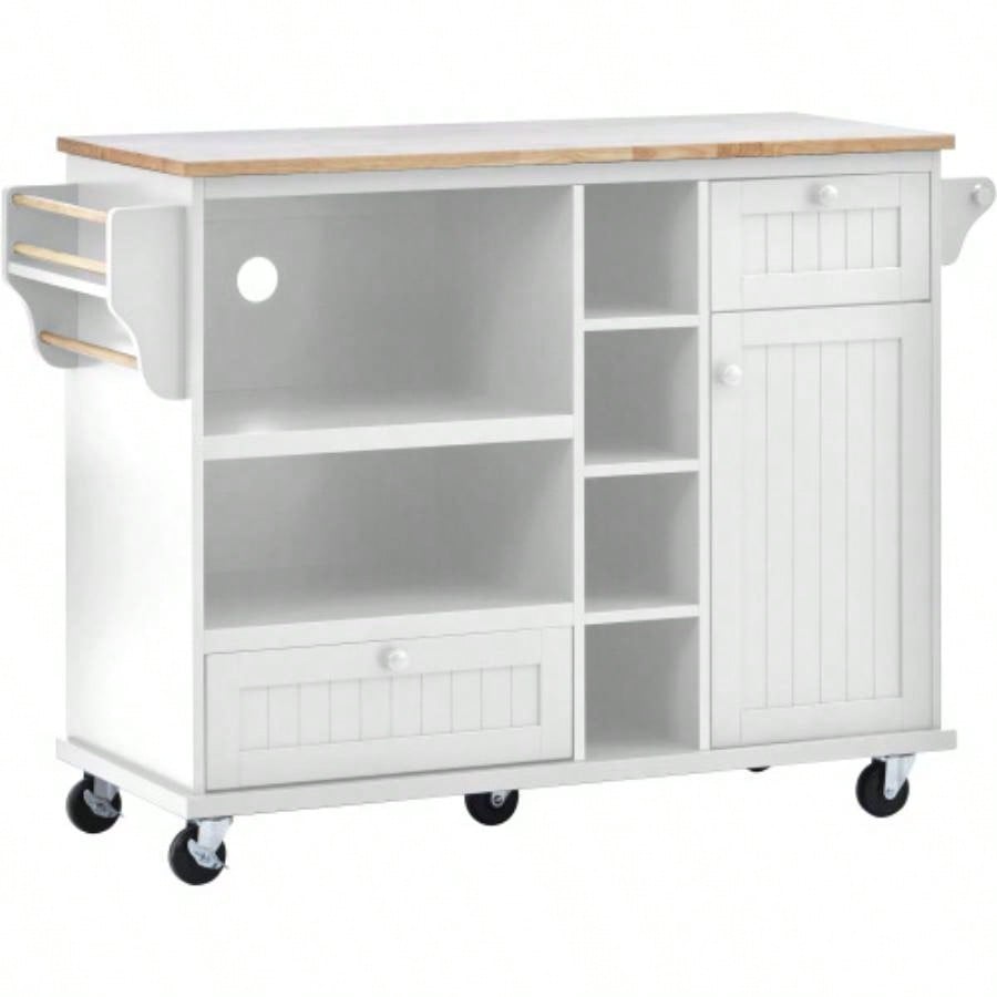 Kitchen Island Cart with Storage Cabinet and Two Locking Wheels, Solid wood desktop, Microwave cabinet, Floor Standing Buffet Server Sideboard Kitchen Room, Dining Room, BathroomWhite