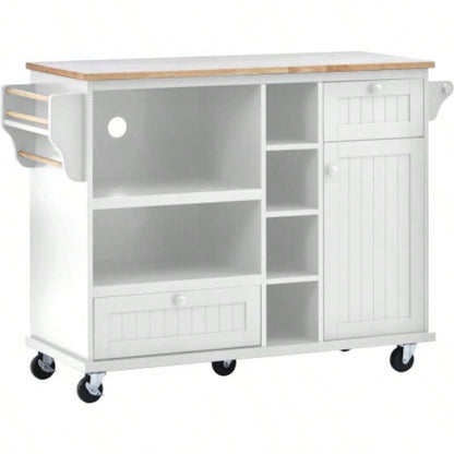 Kitchen Island Cart with Storage Cabinet and Two Locking Wheels, Solid wood desktop, Microwave cabinet, Floor Standing Buffet Server Sideboard Kitchen Room, Dining Room, BathroomWhite