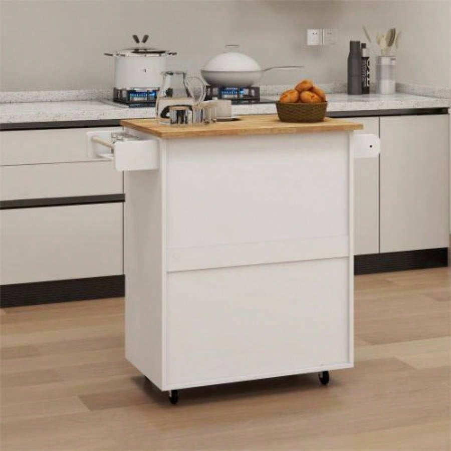 Kitchen island rolling trolley cart with Adjustable Shelves towel rack seasoning rack rubber wood table top - White