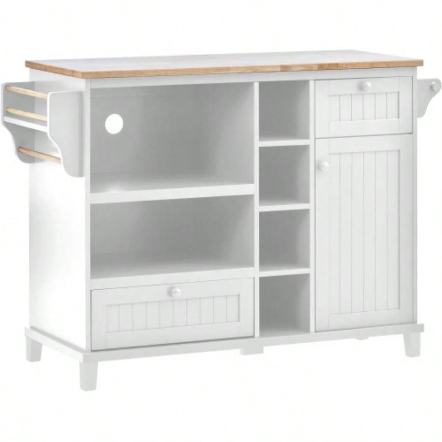 Kitchen Island Cart with Storage Cabinet and Two Locking Wheels, Solid wood desktop, Microwave cabinet, Floor Standing Buffet Server Sideboard Kitchen Room, Dining Room, BathroomWhite