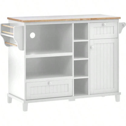 Kitchen Island Cart with Storage Cabinet and Two Locking Wheels, Solid wood desktop, Microwave cabinet, Floor Standing Buffet Server Sideboard Kitchen Room, Dining Room, BathroomWhite
