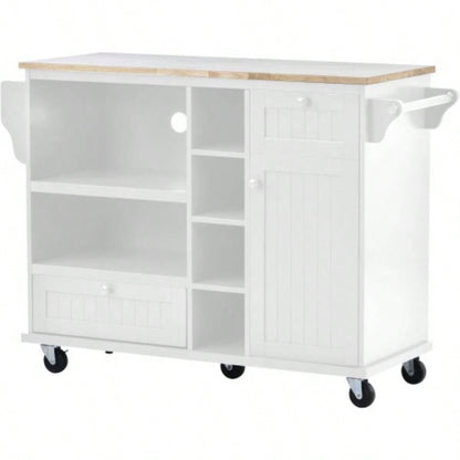 Kitchen Island Cart with Storage Cabinet and Two Locking Wheels, Solid wood desktop, Microwave cabinet, Floor Standing Buffet Server Sideboard Kitchen Room, Dining Room, BathroomWhite