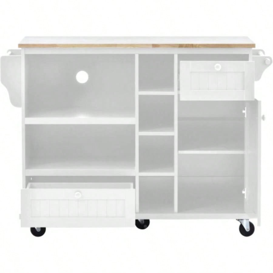 Kitchen Island Cart with Storage Cabinet and Two Locking Wheels, Solid wood desktop, Microwave cabinet, Floor Standing Buffet Server Sideboard Kitchen Room, Dining Room, BathroomWhite