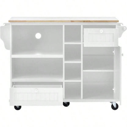Kitchen Island Cart with Storage Cabinet and Two Locking Wheels, Solid wood desktop, Microwave cabinet, Floor Standing Buffet Server Sideboard Kitchen Room, Dining Room, BathroomWhite
