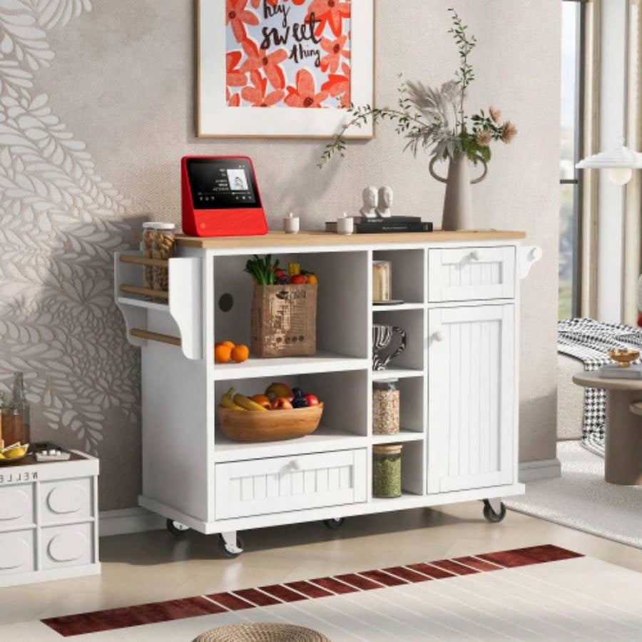 Kitchen Island Cart with Storage Cabinet and Two Locking Wheels, Solid wood desktop, Microwave cabinet, Floor Standing Buffet Server Sideboard Kitchen Room, Dining Room, BathroomWhite