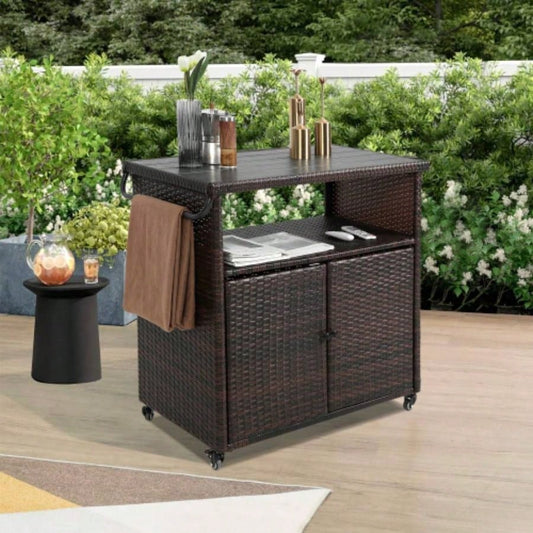 Outdoor Wicker Bar Cart, Patio Wine Serving Cart/Wheels, Rolling Rattan Beverage Bar Counter Table/Glass Top Porch Backyard Garden Poolside Party, Light brown