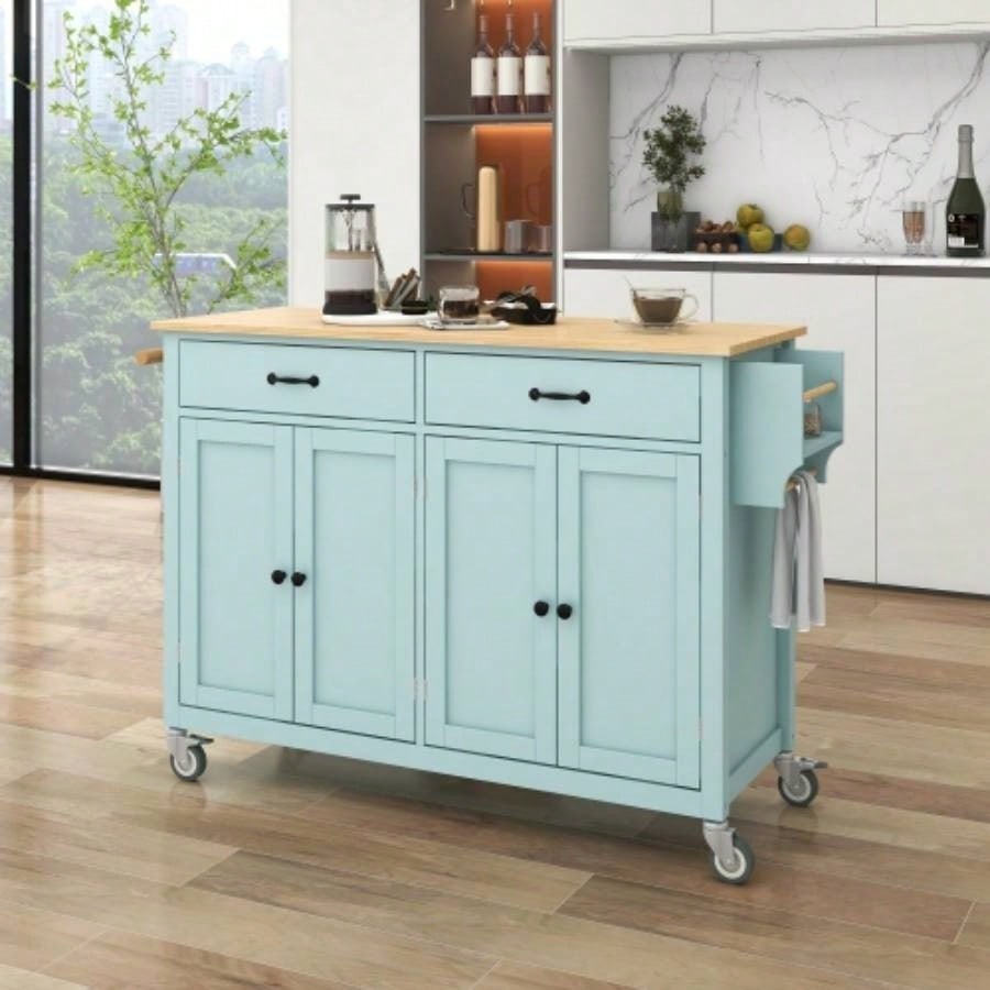 Kitchen Island Cart with 4 Door Cabinet and Two Drawers and 2 Locking Wheels - Solid Wood Top, Adjustable Shelves, Spice Towel RackMint Green