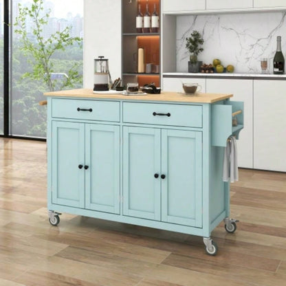 Kitchen Island Cart with 4 Door Cabinet and Two Drawers and 2 Locking Wheels - Solid Wood Top, Adjustable Shelves, Spice Towel RackMint Green