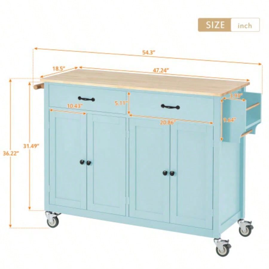 Kitchen Island Cart with 4 Door Cabinet and Two Drawers and 2 Locking Wheels - Solid Wood Top, Adjustable Shelves, Spice Towel RackMint Green